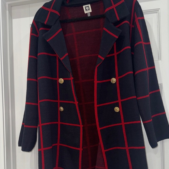 Anne Klein Navy Blue and Red Plaid Long Coat with Gold Buttons - Picture 2 of 6